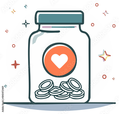 Coins in a glass jar with a heart symbol representing charitable giving and financial donation