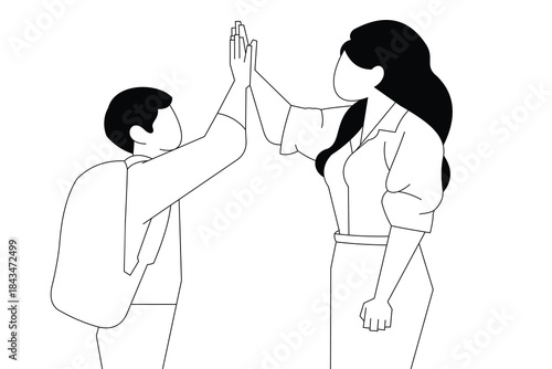 Vector line art of a child and mother giving a high-five, showing encouragement and joyful connection in minimalist black and white illustration.