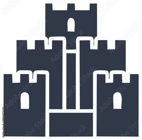 Abstract Castle Illustration with Turrets and Windows, Medieval Fortification Design