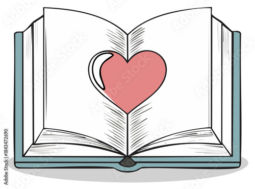 Open Book Sketch Illustration With Heart Symbol Romantic Reading Concept