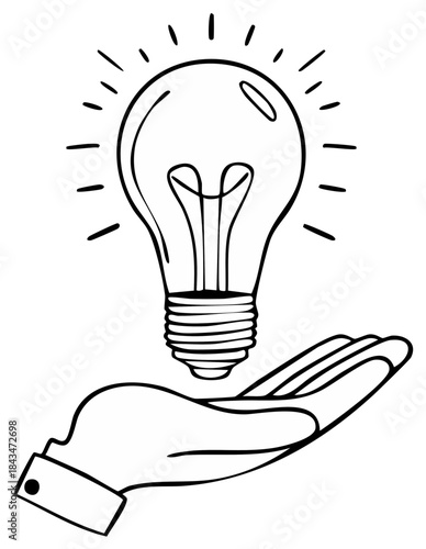 Simple line art of a hand holding a glowing light bulb. Concept for business idea, innovation and creativity.