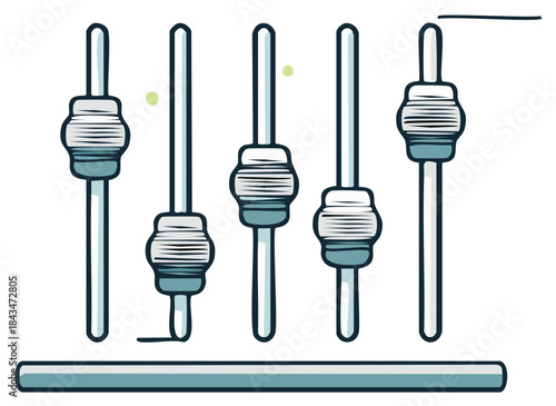 Illustration of five audio mixer faders with a clean hand drawn style