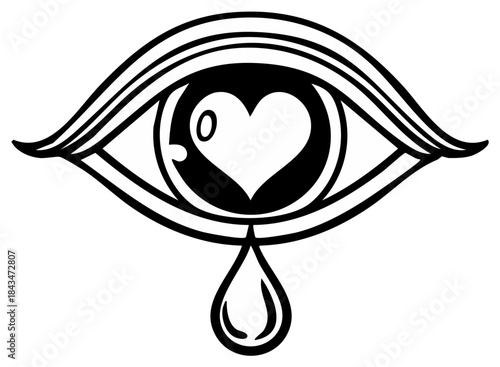 Stylized eye with heart pupil and teardrop black and white vector icon