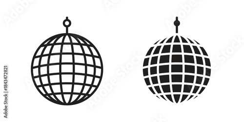 Mirror ball icons. Solid black silhouette and line art outline. Minimal design element,