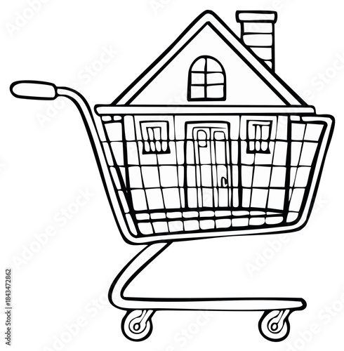House in shopping cart line art symbolizing real estate purchase and home ownership concept