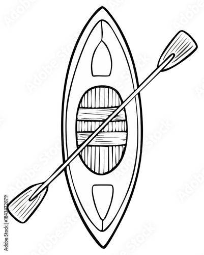 Overhead View of Canoe with Paddle Hand Drawn Black and White Line Art Illustration