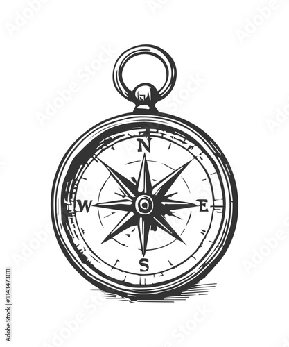 Compass grunge sketch, hand drawn engraved illustration.