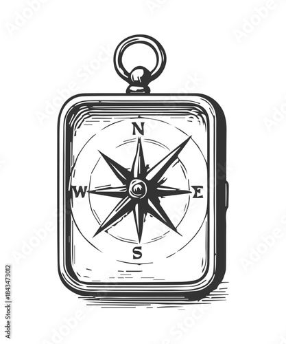 Compass grunge sketch, hand drawn engraved illustration.