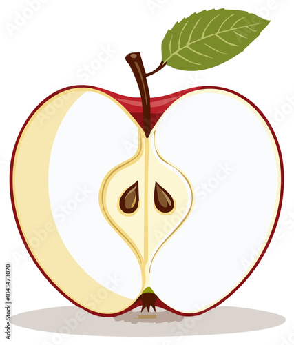 Fresh Red Apple Cut in Half Revealing Seeds and Leaf