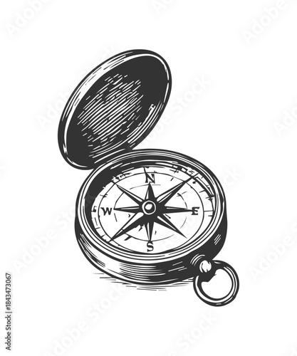 Compass grunge sketch, hand drawn engraved illustration.