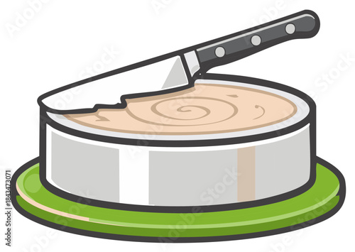 Opened tin of creamy spread with serving knife on a green plate food illustration