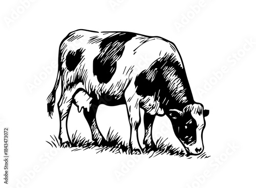 Simple hand drawn cow sketch, engraved farm animal drawing.