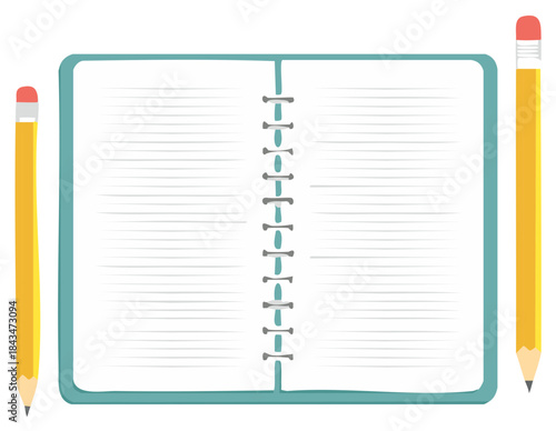 Open Notebook with Lined Pages and Pencils for Writing or Drawing and Taking Notes