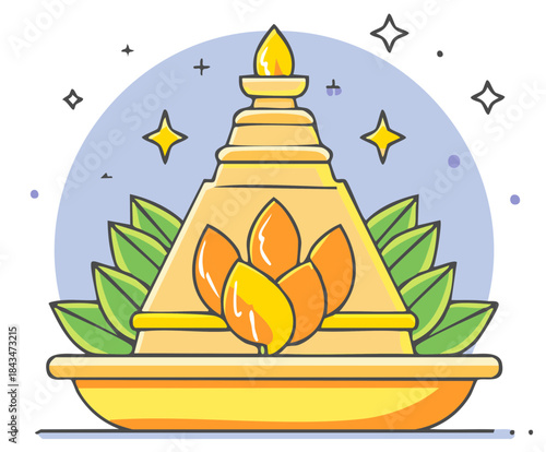Stylized golden stupa adorned with green leaves and orange lotus flowers surrounded by glowing stars