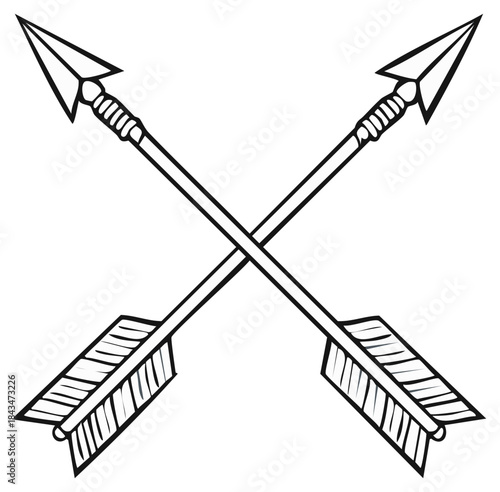 Two crossed traditional arrows black and white line art illustration