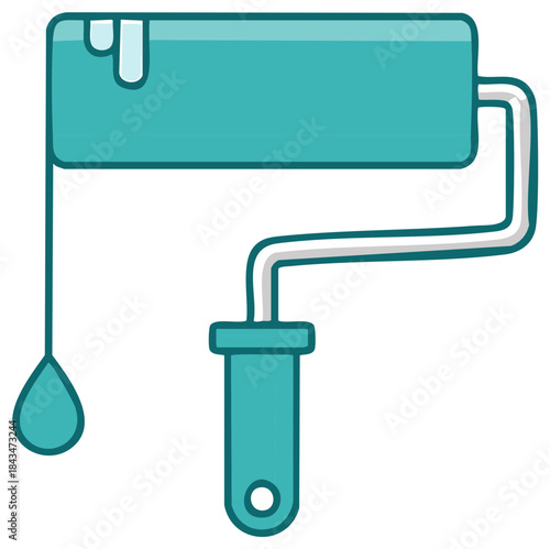 Teal paint roller with drop of paint illustration, cartoon style painting equipment for home improvement projects