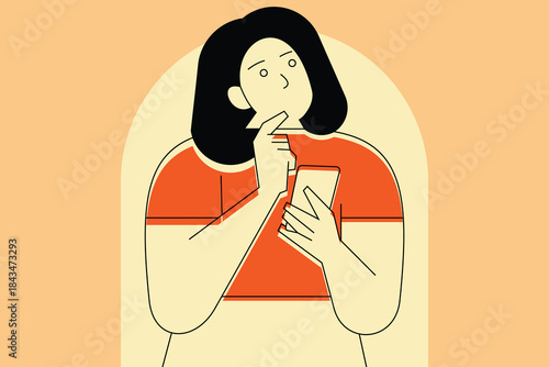 Stylized vector illustration of a woman holding a smartphone in a thoughtful pose, symbolizing digital contemplation in soft minimalist design.