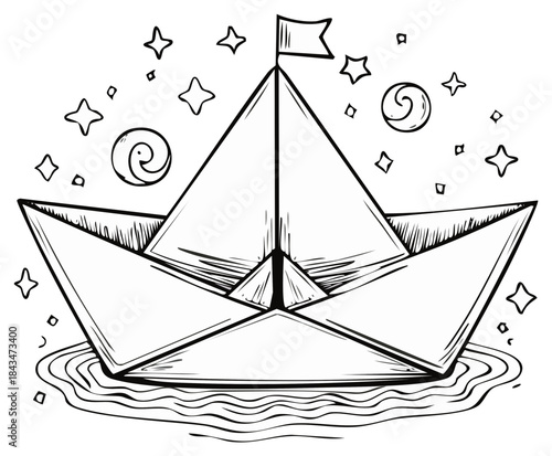 Ink drawing of a paper boat sailing on water, with stars and swirls, minimalist design.
