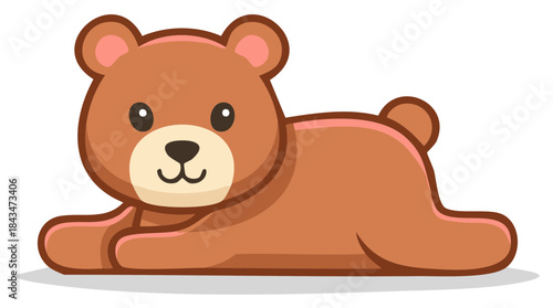 Adorable cartoon brown teddy bear cub lying down smiling vector illustration