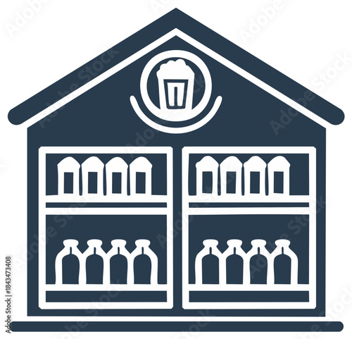 Traditional beer house icon featuring bottles and frothy mugs, symbolizing a pub or beverage store.