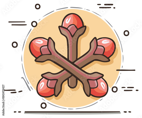 Stylized illustration of five red cloves arranged in a circular pattern, a spice element