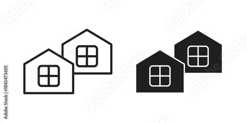 Neighborhood icons. Solid black silhouette and line art outline. Minimal design element,