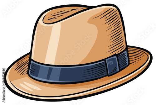 Classic Fedora Hat in Beige with Blue Band Illustration Vintage Look