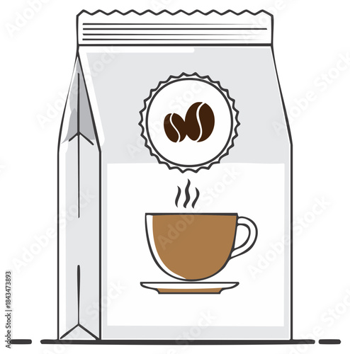 Coffee bag packaging illustration with bean logo and steaming cup icon