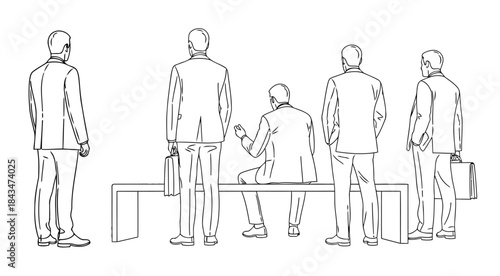 Businessmen in suits standing and sitting on a bench