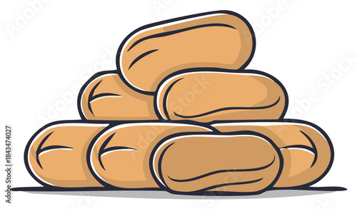 Pile of cartoon style sausages or hot dogs stacked on top of each other.