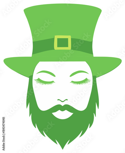 Green leprechaun with a beard wearing a top hat with his eyes closed