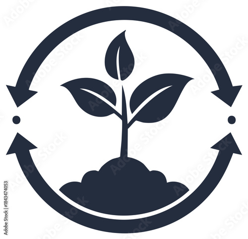 Circular arrows around growing plant in soil, representing renewal, recycling, sustainability, and eco-friendly practices