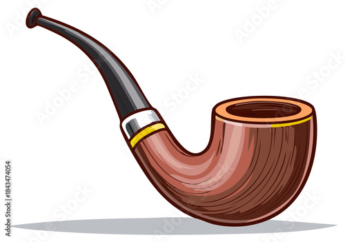 Classic wooden tobacco smoking pipe illustration with a black mouthpiece and gold accent band
