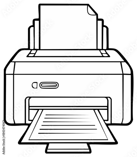 Simple line art illustration of a home office printer with paper output and input