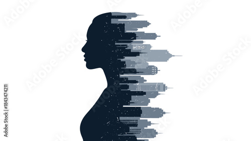 Silhouette of a woman's profile merged with a cityscape, symbolizing urban life and personal identity