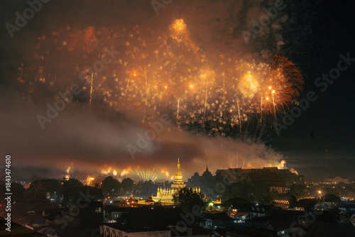 Phra That Luang Vientiane Grand Fireworks Display on Laos National Day Celebration (50th Anniversary)