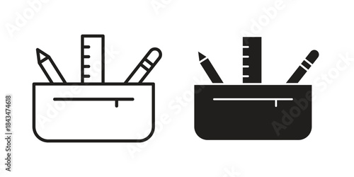 Pencil case icons. Solid black silhouette and line art outline. Minimal design element,