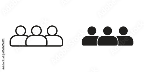 people icons. Solid black silhouette and line art outline. Minimal design element,