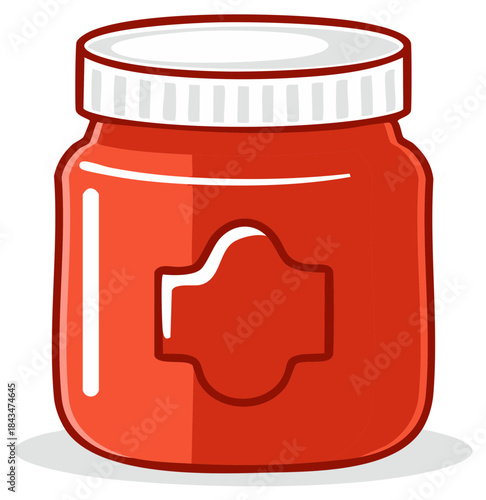 Illustration of Red Jar with Label for Preserves or Condiments, White Lid and Outline
