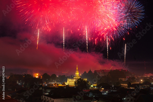 Phra That Luang Vientiane Grand Fireworks Display on Laos National Day Celebration (50th Anniversary)