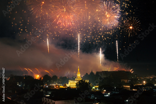 Phra That Luang Vientiane Grand Fireworks Display on Laos National Day Celebration (50th Anniversary)