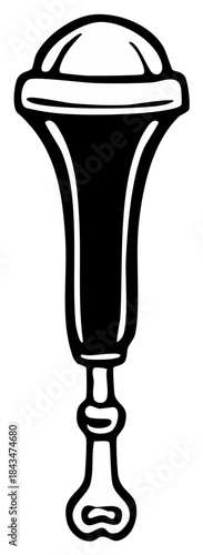 Bold black and white graphic illustration of a classic musical horn or bugle instrument symbol