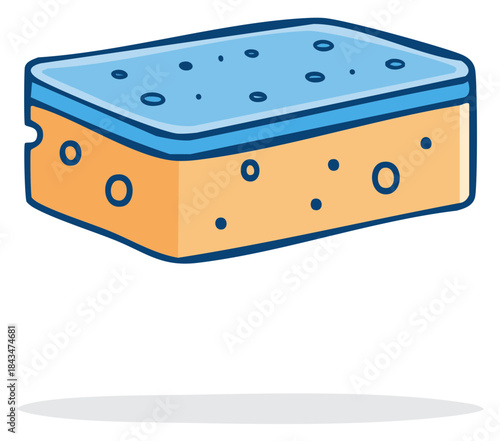 Cartoon vector illustration of a two sided porous cleaning sponge with a blue abrasive scrubber for washing dishes