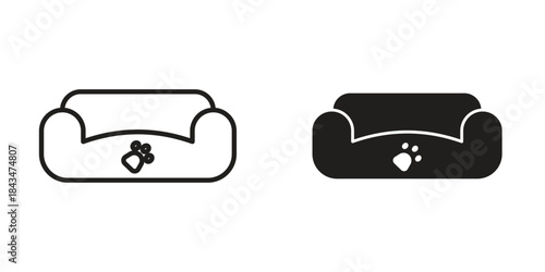 Pet bed icons. Solid black silhouette and line art outline. Minimal design element,