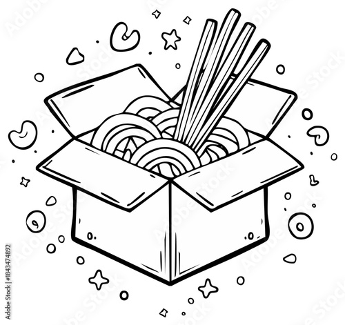 Delicious noodle filled takeout box with chopsticks and playful decorative elements