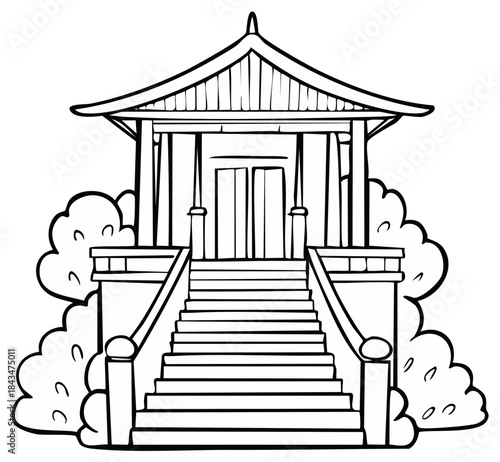 Ornate Asian Pagoda Structure with Ascending Stairs, Symmetrical Layout, Surrounded by Decorative Foliage, Line Art Illustration
