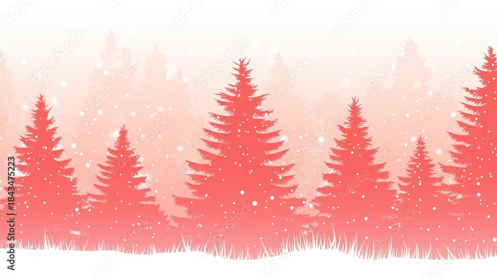 Obraz premium Red Christmas trees against a snowy background with snowflakes falling on grass in a simple vector illustration