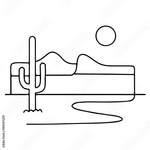 Desert Landscape Line Art – Cactus, Sand Dunes, Sunset Minimal Outline Illustration