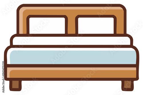Double bed illustration with blue mattress and light brown wooden frame