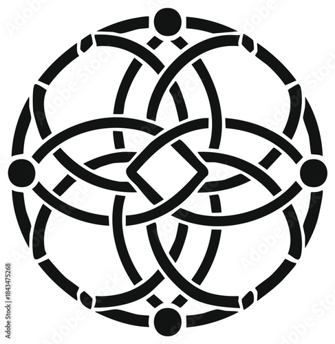 Black circular Celtic knot vector illustration. Intricate traditional interwoven ornament symbol design.